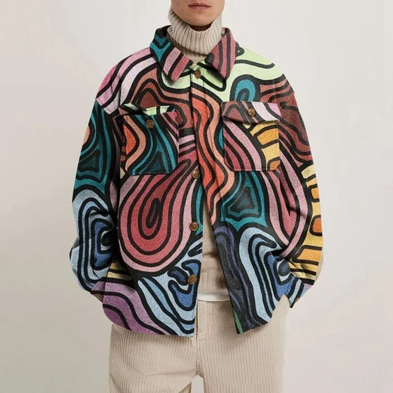 Hipster hommes col rabattu chemises automne hiver mode abstrait imprimé épais chemise hommes Cardigan hauts décontracté Streetwear 220308
