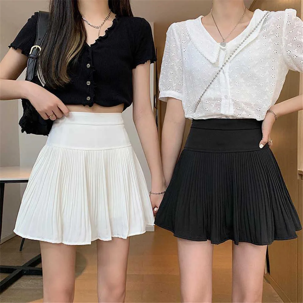 Vintage svart mini veckade kjolar för studenter kvinnor hög midja solida ruffles sommarkoreanska kjolar mujer faldas all-match 210619