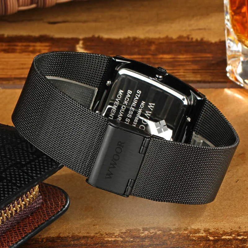 Wwoo Top marka luksusowe czarne kwadratowe zegarki dla mężczyzn Wodoodporne szczupłe datę na rękę męską stalową siatkę kwarc analogowy mężczyzna 2254B