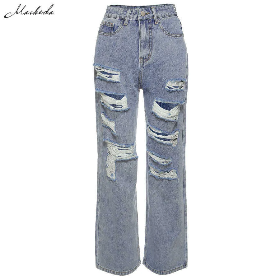 Macheda High Waist Loose Jeans Clothes Women Casual Blue Denim Streetwear Ripped Hole Trousers Lady Fashion Straight Pants 2020 H0908