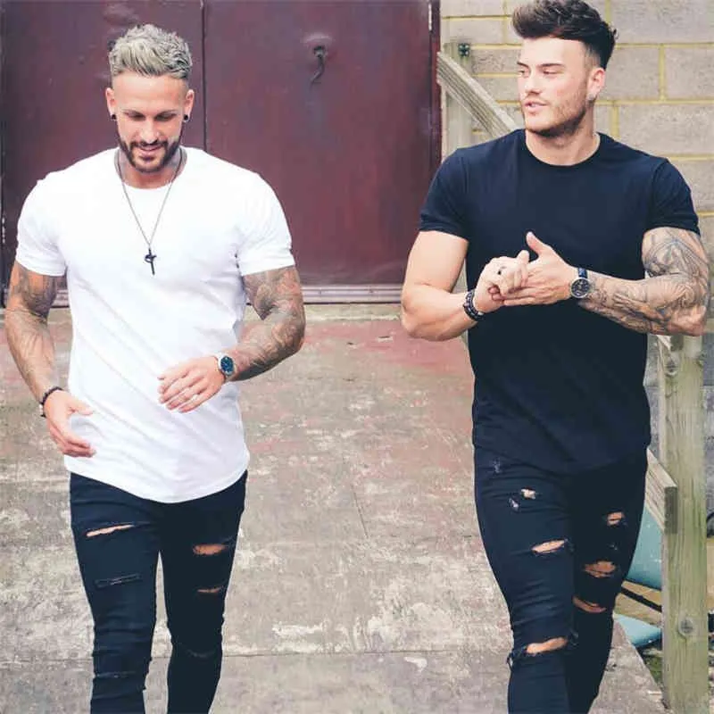 New Fashion Maglietta allentata Uomo Casual Solid Manica corta Maglietta Abbigliamento estivo Palestra Fitness Bodybuilding Allenamento Sport Tee Shirt 210421