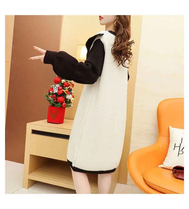 Femmes Long Pull Robe Bow Tie Style Lâche Style Genou Longueur Tricot Robes Noir Blanc Hiver Volants Pull Jumper 210430