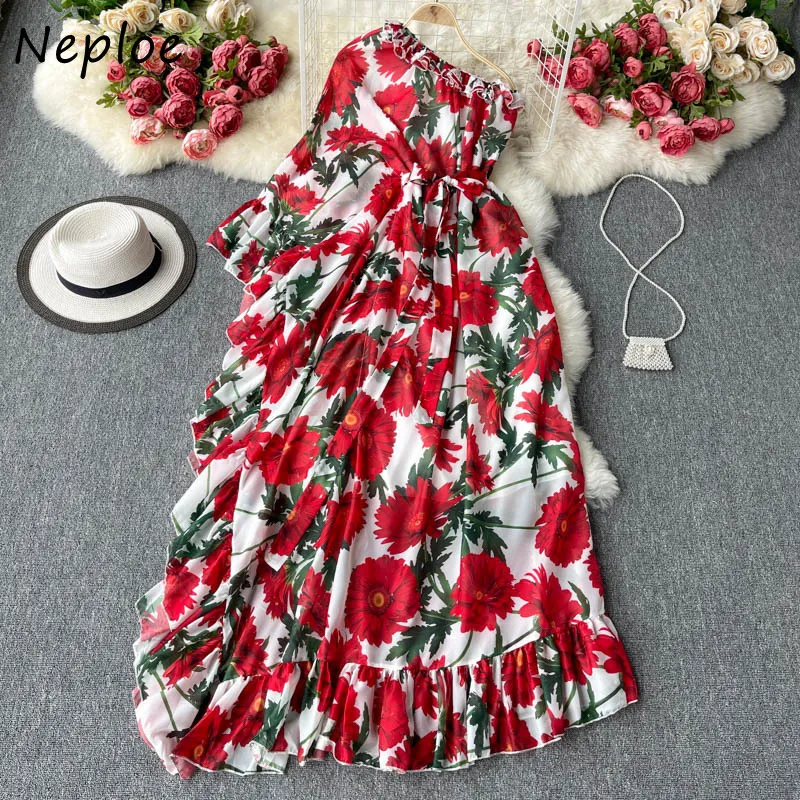 Neploe Holiday Bohemian Print Dress Women High Waist Hip Sashes Asymmetrical Vestidos Summer Long Sleeve Robe Mujer 210510