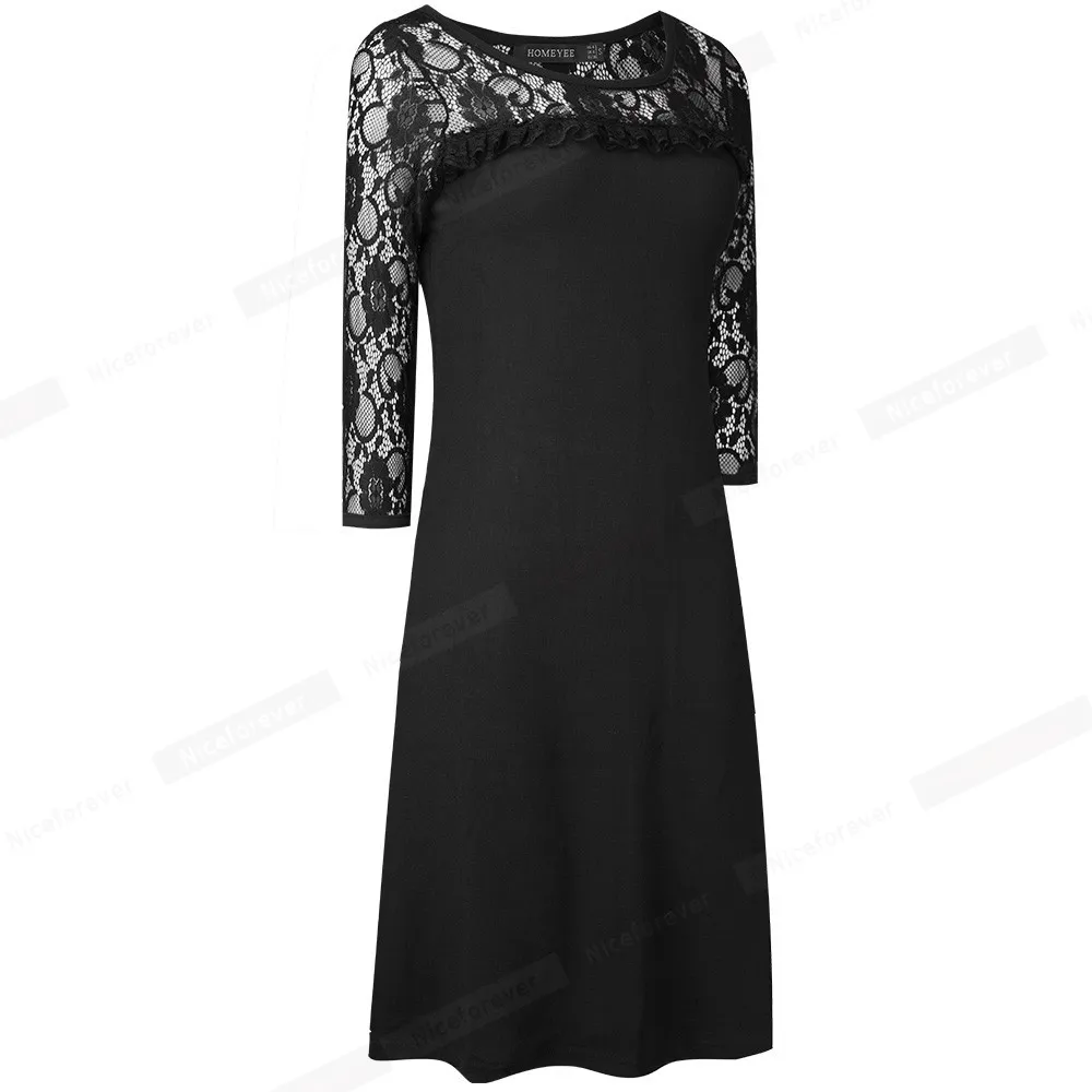 Nice-forever Elegant Black Lace Dresses Party Loose Straight Shift Women Dress T023 210419