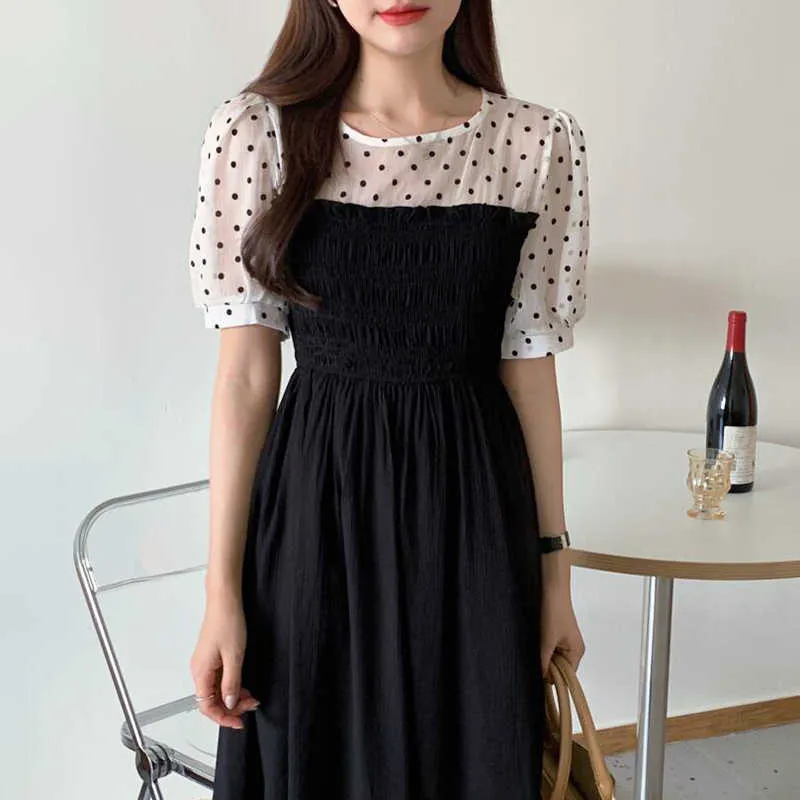 Korejpaa Women Dress Summer Korean Chic French Sweet Round Neck Wavelet Dot Stitching Waist Puff Sleeve Mid-Length Vestidos 210526