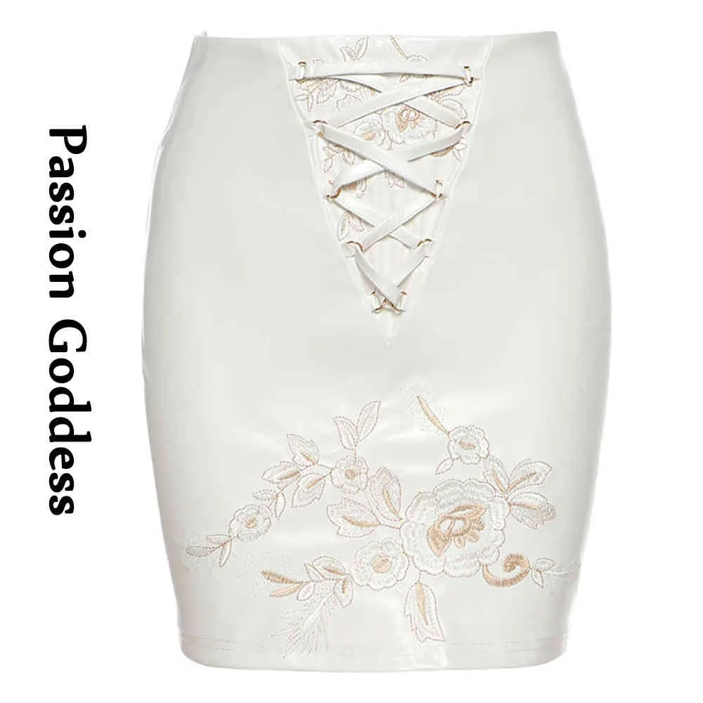 Mulheres Sexy White Pu Couro Bordado Saias Bonita Lace Up Cintura Alta Bodycon Mini Saias Festa Lápis Lápis Saias de Couro Escritório X0428