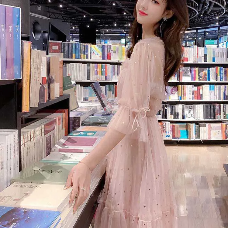 Elegant Mesh Sequins Dress Vintage Lace Women Long Sleeve Fairy Spring French Designer Clothes Korean 210604