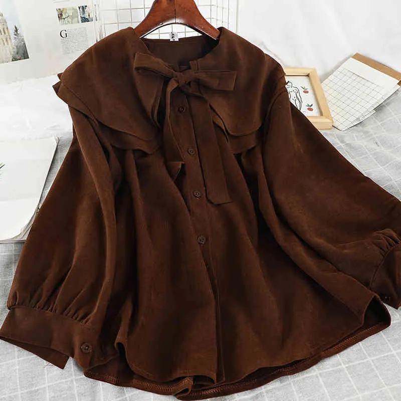 ブラウスの女性Soid Peter Pan Collar Vintage SuedeエレガントBlusas Mujer秋冬シックなシャツファッション19200 210415