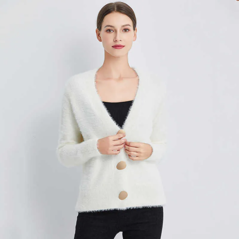 Ly Varey Lin Vinter Kvinnor Guldknapp Woolen Open Stitch Sweater Kvinna Varm Elegant V Hals Enstaka Breasted Cardigan Coat 210526