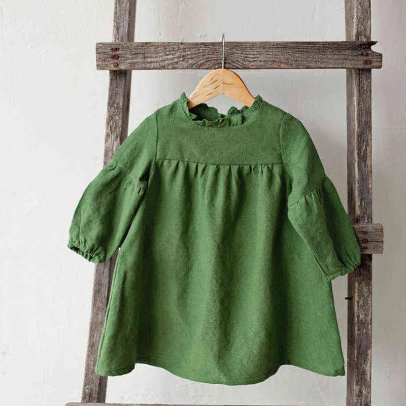 Autumn Toddler Kids Baby Girl Dress Pastoral Style Ruffles Long Sleeve Solid Cotton Linen Party Casual Dress Children's Clothes G1218