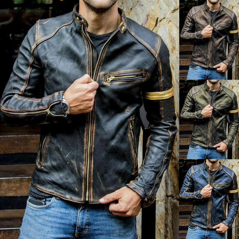 Mens Bomber Jackets Stand Collar Punk Retro Leather Jackets Mens Spring Autumn Street Classic Motorcycle Coat Men 5xl