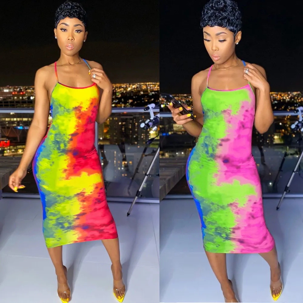 Kobiety Casual Dresses Multicolor Tie-barwnik Drukuj Mid-Długość Backless Dress Expert Design Quality Najnowsze styl oryginalny status
