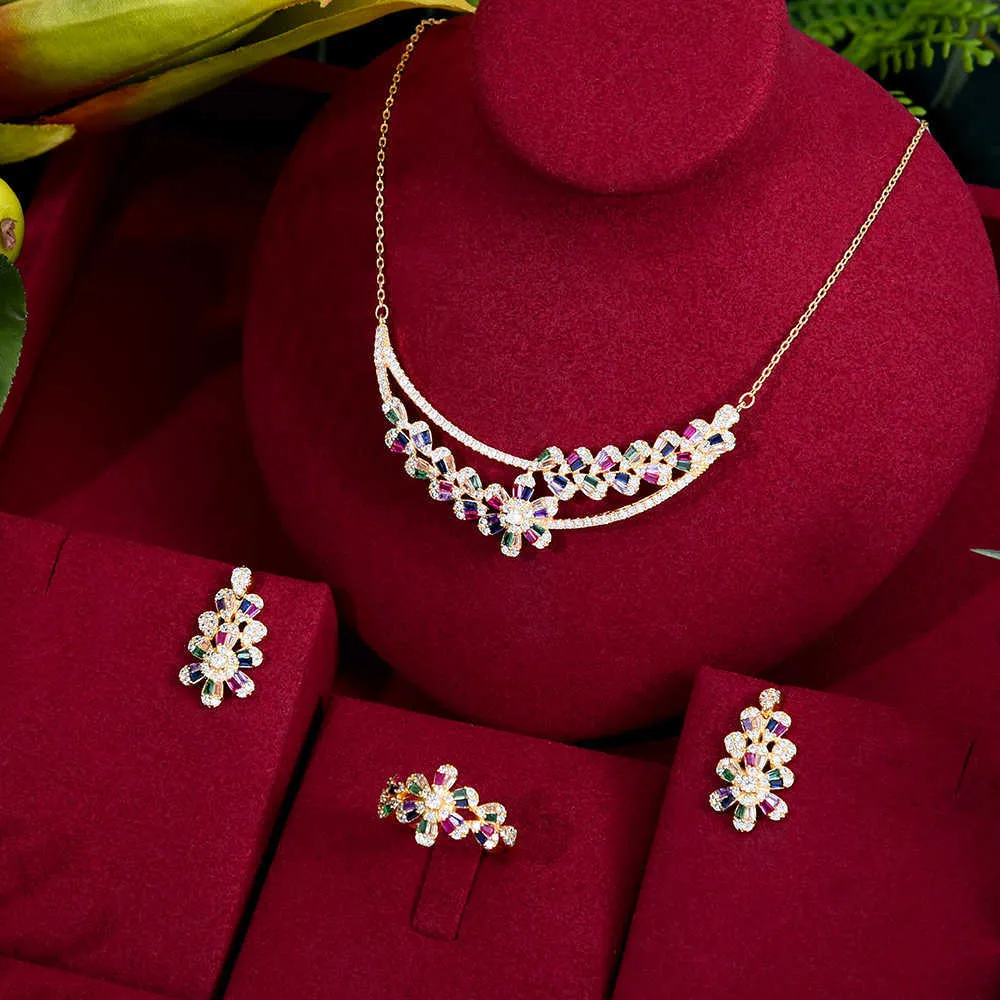 GODKI, colección Multicolor de primavera, 3 uds., conjunto de joyería de flores para mujer, boda, fiesta, circonita, Dubái, collar nupcial, pendiente, anillo H1022