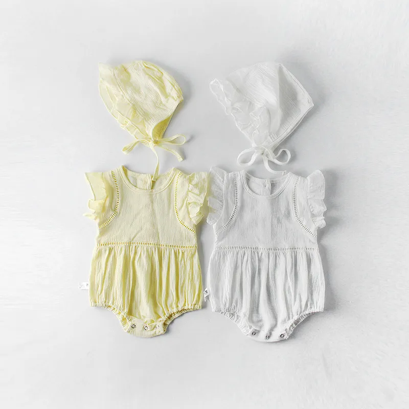 Baby Girls Rompers Мода Бренд Хлопчатобумажные комплекты одежды 2 шт. Костюм рождения красный без рукавов + шляпа малышей комбинезон 210429