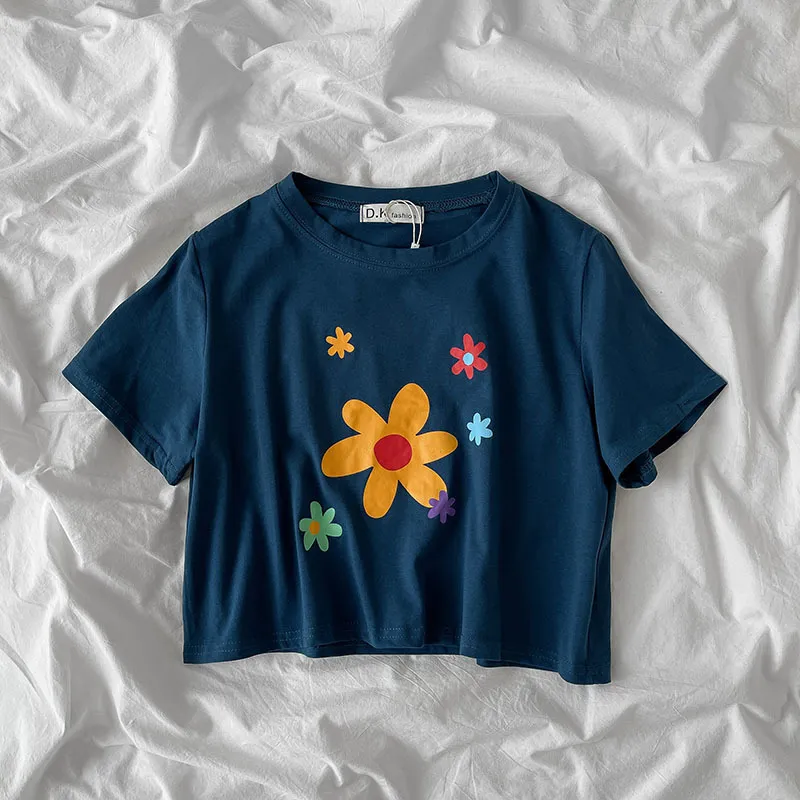 Kimutomo Chic Çiçek Baskı T-Shirt Kadın Yaz Moda Kore Ins Tarzı Kadın O-Boyun Kısa Üst Streetwear Rahat 210521