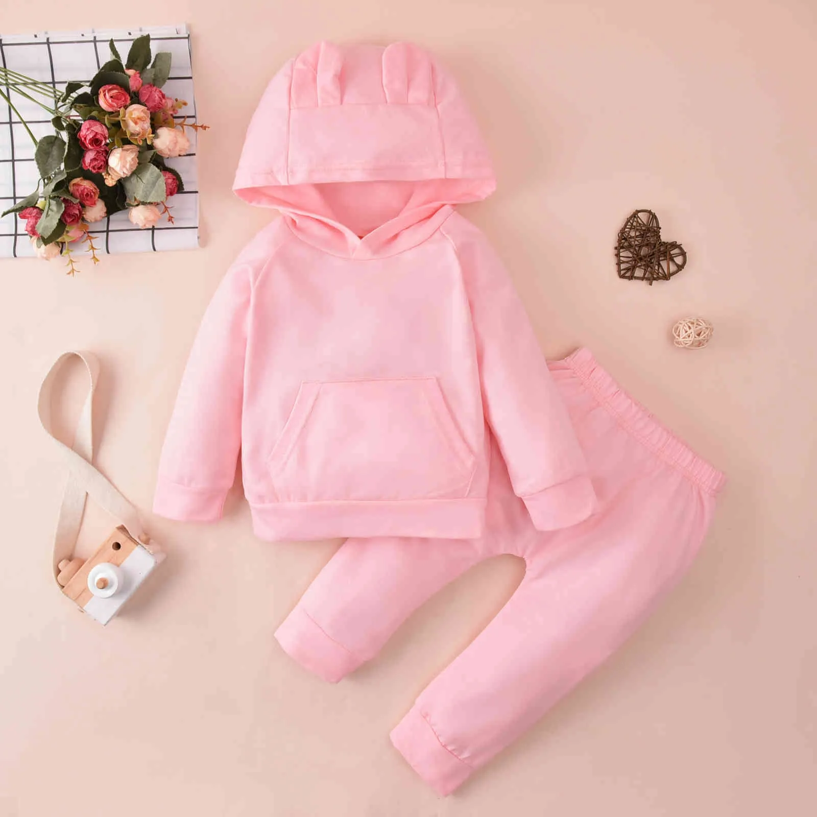 6m-4y herfst winter peuter baby kind baby meisje jongen kleding set schattige oor lange mouwen sweatshirts broek outfits 210515