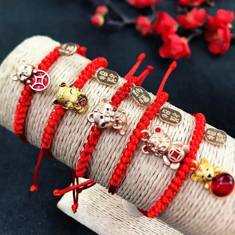 Charm Armband Mascot Five Fortunes Golden Tiger Red String Armband 2022 Chinese Year Bring Wealth Lucky Good Blessing295p