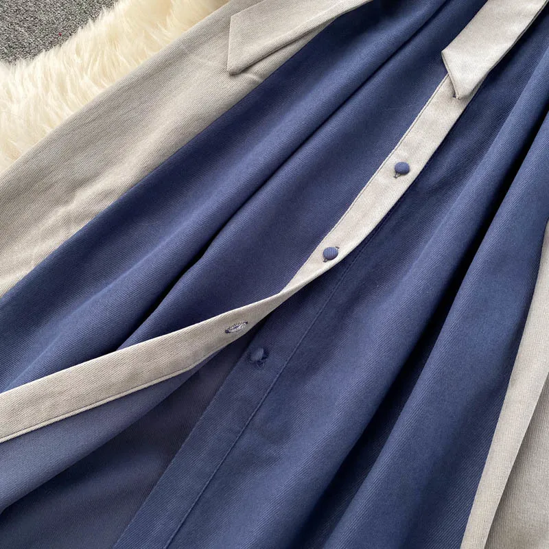 Satış Sonbahar Kış Temel Giyim Kadınlar Elegan Ofis Bayan İş Patchwork Uzun Elbise Tek Göğüslü Rüşvet Rüzgar Gömlek 210514