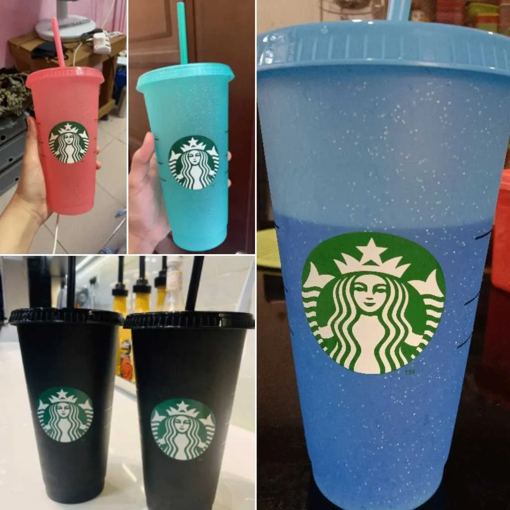 Klar att skicka återanvändbar Starbucks Tumbler Color Changing Confetti Cold Cup Rainbow Straw med lock Plastic Cup Cynt