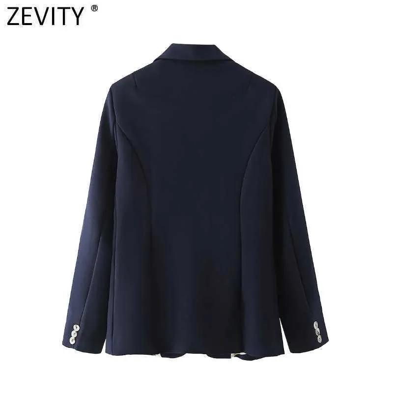 Zevity Women Fashion Once Button Navy Blue Fitting Blazer Coame Office Business Femme Overwear Chic Tops CT687 210603