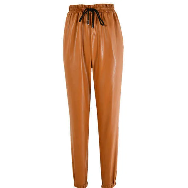 أزياء الشارع سيدة مطاطا الخصر سروال رصاص السيدات بو الجلود الخريف الرباط sweatpants جيوب السراويل للنساء 210604