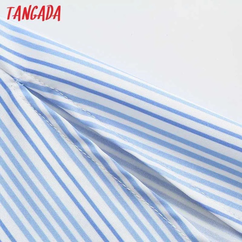 Tangada Mode Femmes Bleu Rayé Imprimer Chemise Robe À Manches Longues Dames Surdimensionné Robe Midi 5Z97 210609
