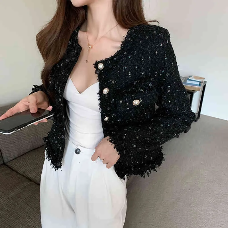 Autumn women Tweed Jacket high quality Small Fragrance Pearl single breasted Women Korean Short Elegant Coat 210518