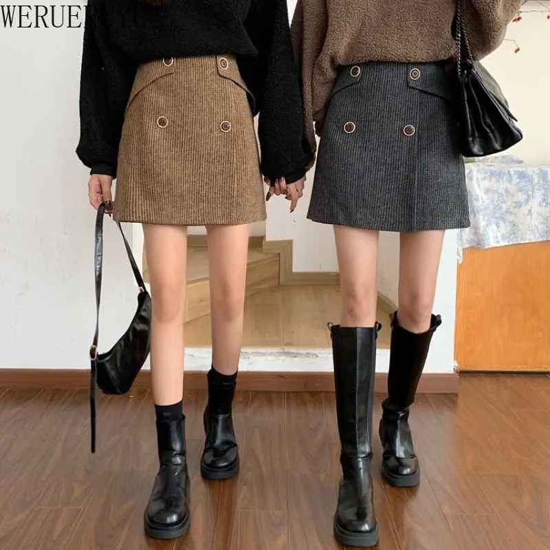 WERUERUYU Retro Female Hight Waist Woolen Midi Skirt Wrap Women Clothing Vintage Fashion Femme Slim 210608