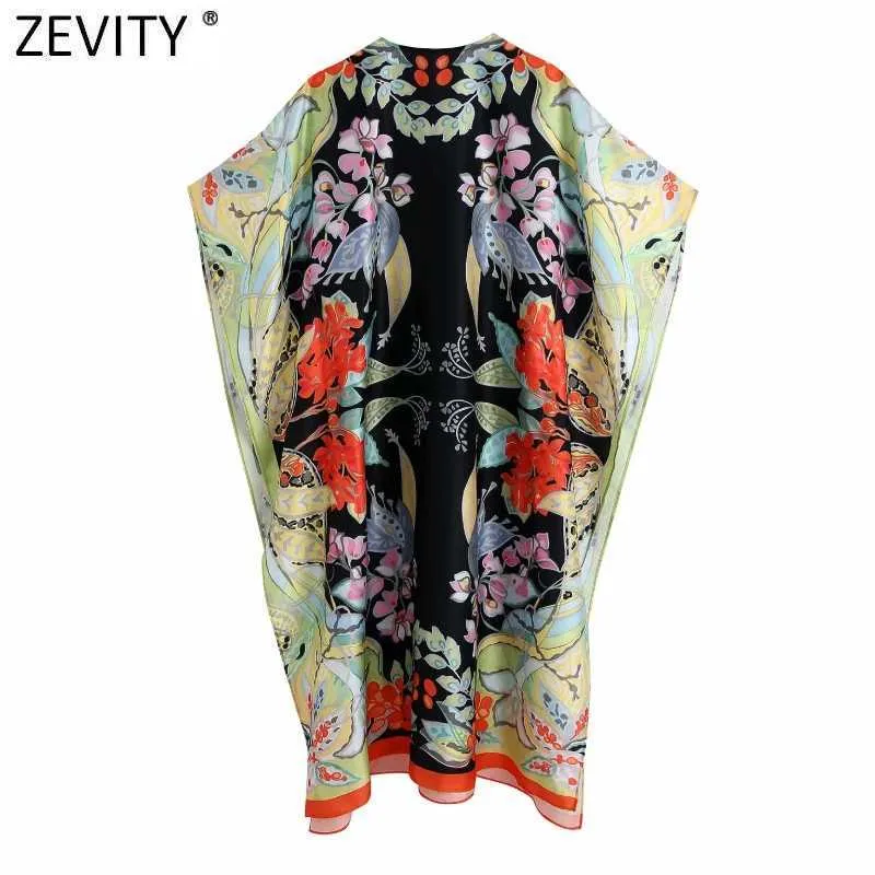 Zevity Women Vintage v الرقبة الموضع الأزهار طباعة فضفاضة Midi فستان أنثى أنيقة Batwing Side Side Split Kimono Vestidos DS8267 210603