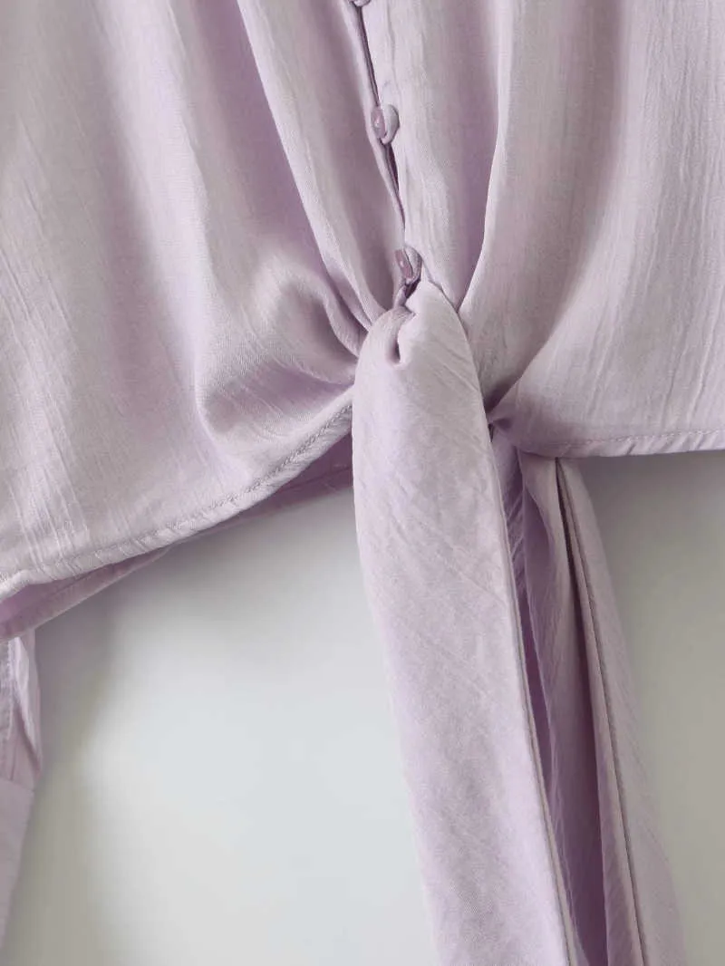 Винтажные фиолетовые женщины короткие рубашки Летние повседневные женские блузки мода женские кнопки-летающие девушки 210527