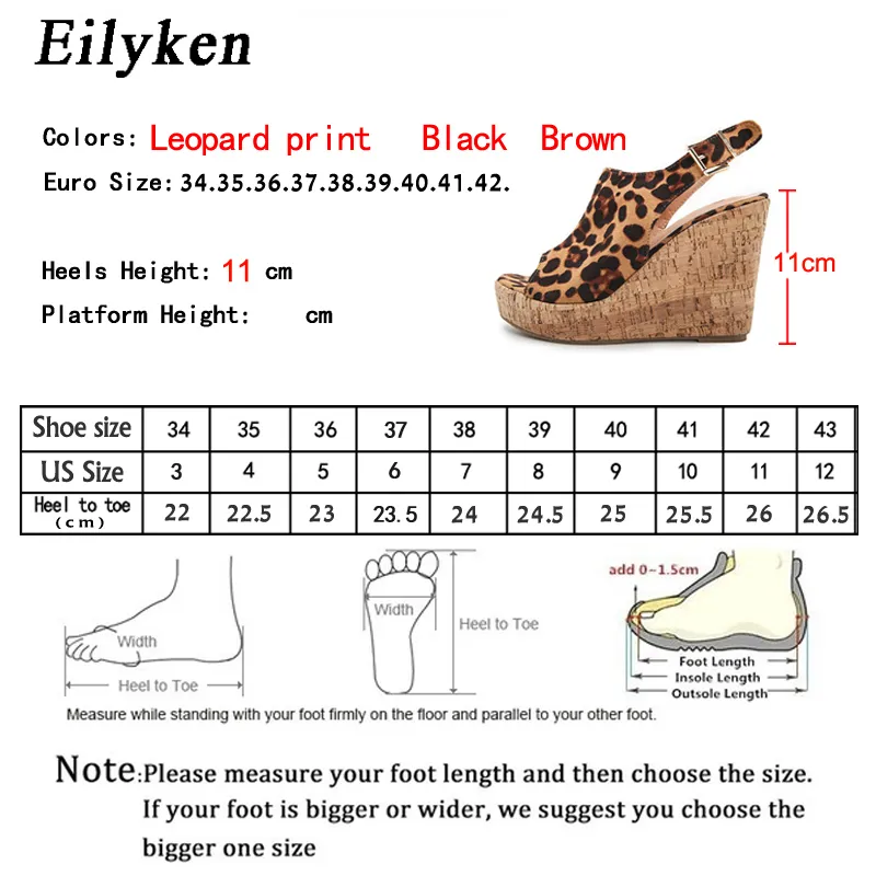 Eilyken 2021 새로운 패션 Peep 발가락 플랫폼 웨지 발 뒤꿈치 Womens Leopard 곡물 샌들 발목 버클 스트랩 캐주얼 슬라이드 신발 Y0305
