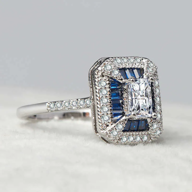 Bröllop 14K Guldsmycken Square Sapphire Ring för kvinnor peridot anillos blå topas ädelsten bizuteria diamant smycken ringar323p