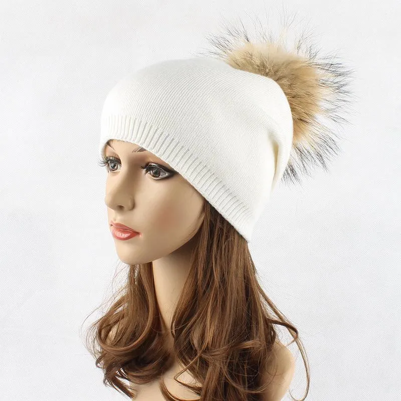 Beanie/Skull Caps Women's High Quality Winter Hat Real Raccoon Fur Pompom For Women Stretchy Wool Knitted Beanies S2626
