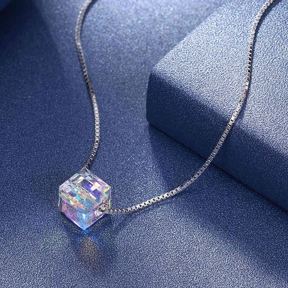 Lekani Blue Cube Crystals de Rovski 925 Collar de joyería de boda colgante de forma cuadrada de plata esterlina2643799