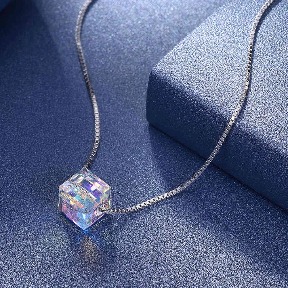 بلورات Lekani Blue Cube من Rovski 925 Sterling Silver Square شكل قلادة مجوهرات الزفاف قلادة 2643799