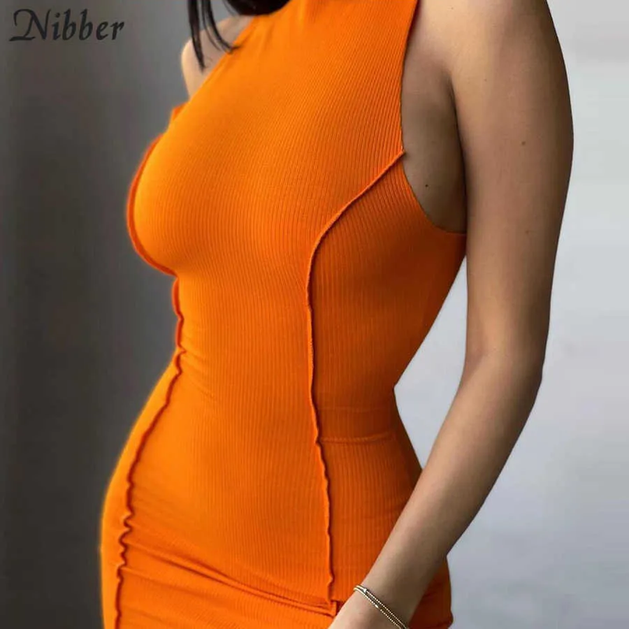 Nibber Basic Rib knit Neon Bodycon Mini Robes Pour Femmes Vêtements D'été Rue Casual Wear Femme Sans Manches Y2K Robe Urbaine Y0823