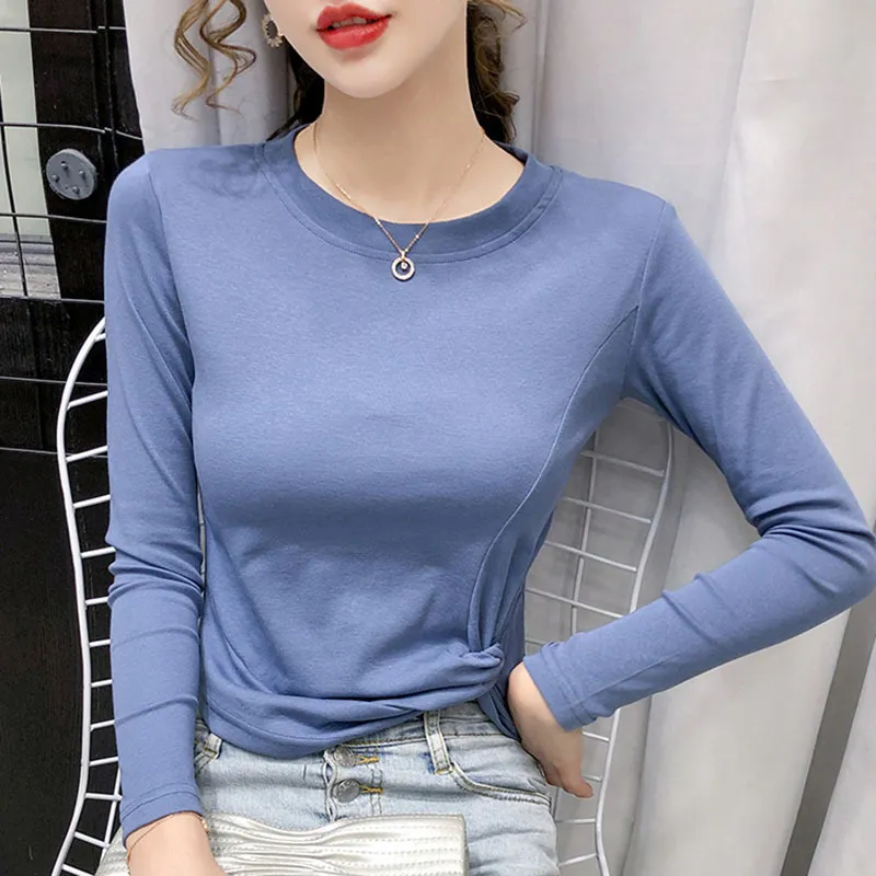 Primavera para mujer Autumn Top Sólido Color Sólido Anudado de manga larga Topkorean Estilo Alto cintura adelgazante Tapa corta Tops LL267 210506