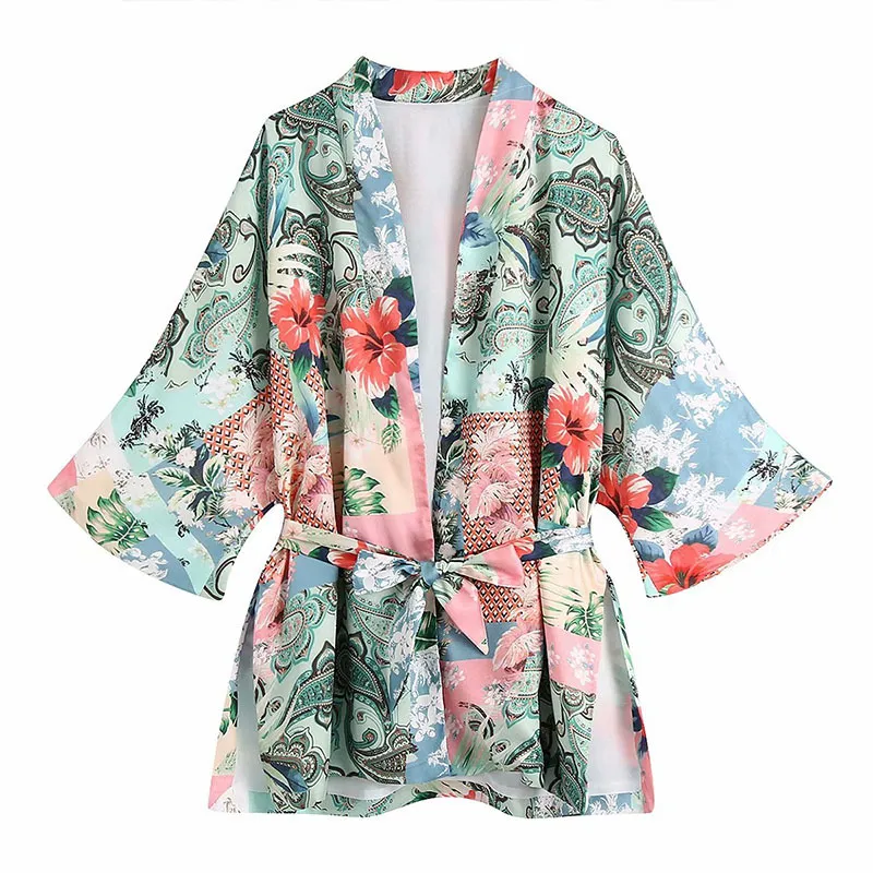 Mulheres Verão Impressão Solta Kimono Camisas Tops Blusas Za Sashes Laço Arco Abra Stitch Fashion Fashion Street Top Blusas 210513