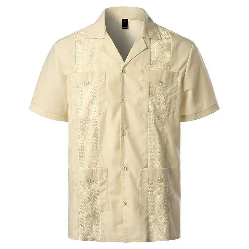 Chemise Guayabera cubaine à manches courtes pour hommes boutonnée en coton lin col à revers s mariage de plage de Style caribéen mexicain 210809