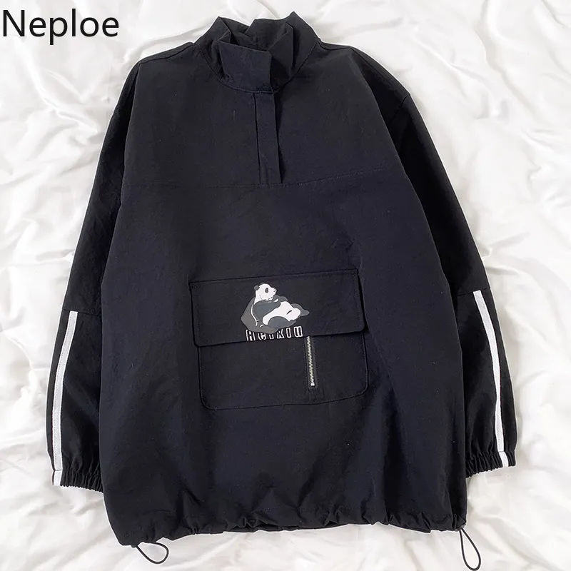 Neploe Mezza Cerniera Stand Collo Felpa Donna Allentato Casual Oversize Outwear Streetwear Cute Panda Parint All-match Felpe con cappuccio 210422