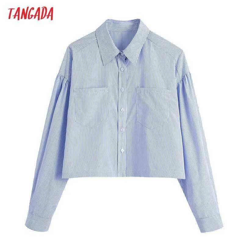 Tangada Femmes Bleu Rayé Surdimensionné Chemises À Manches Longues Poche Dames High Street Blouses Top CE239 210609