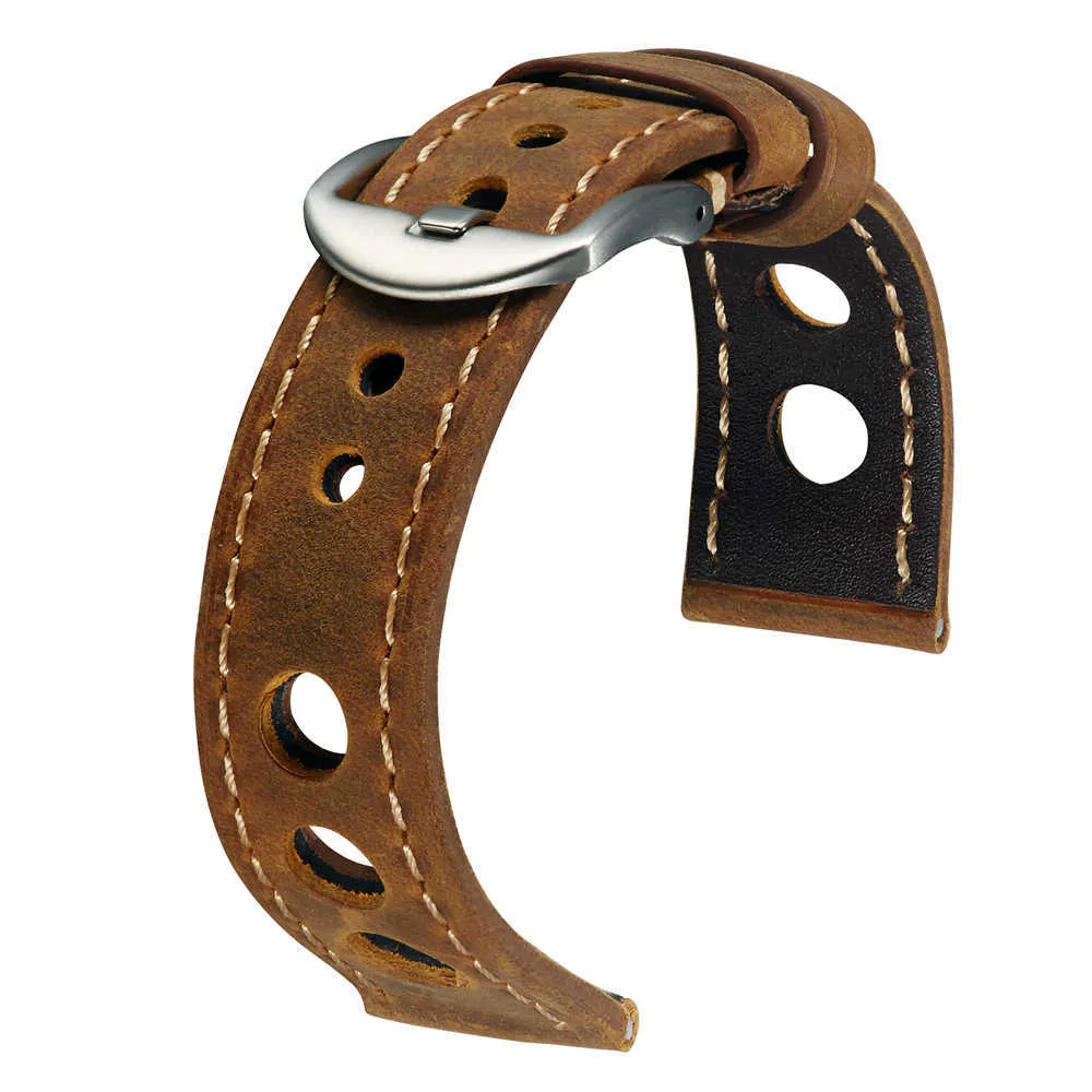 Genuine Leather Watch Strap Three Holes Breathable Soft Watch Band Strap with Buckle Cowhide Watch Belt 20mm 22mm Vintage Brown H0915