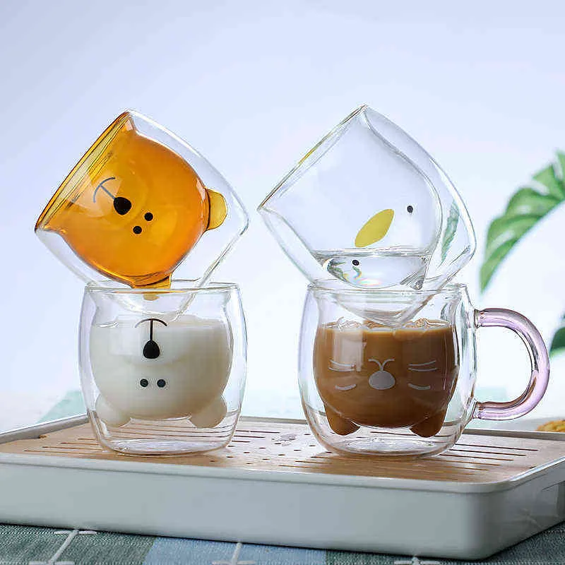 250-300ml Kawaii Cat Paw Glass Mug مزدوج طبقة زجاجية معزولة انفجار إثبات كوب الحليب القهوة الكبار هدية 211105269S