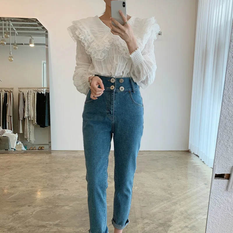 Ezgaga Peter Pan Collar Dames Shirts Chique Vintage Franse stijl Sweet Girl Long Puff Sleeve Lace Ruched Korean White Tops Fashion 210430