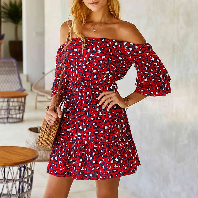 Dames Sexy Hors Épaule Imprimer Léopard Robe Femmes Casual À Volants Court Robe D'été Femmes Plage Mini Robes Femme Vestidos 210416