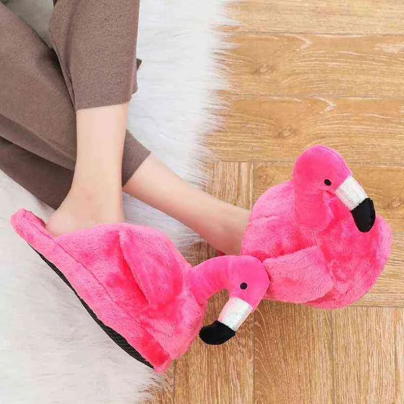 Inverno Cartoon Flamingo Pantofole da donna la casa CuteCasual Scarpe di peluche Designer antiscivolo Morbide scarpe da camera piatte Scarpe calde pelose H1122