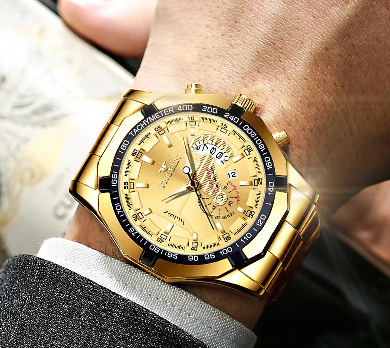 Marka fngeen biała stal kwarcowa zegarki męskie kryształowy zegarek data 44 mm Osobowość luksusowy złoty stylowy mężczyzna na rękę