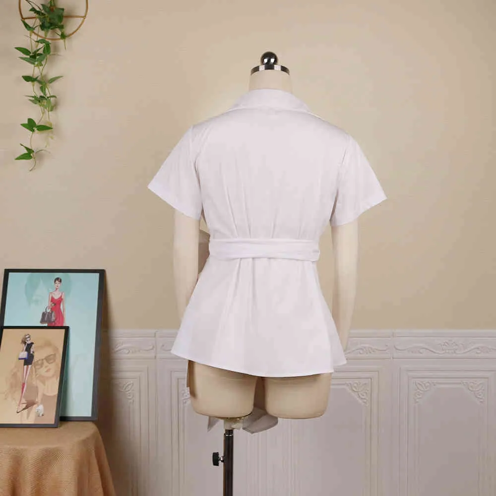 Vrouwen witte blouse v-hals tops korte mouw met taille riem kantoor dames stijlvolle bescheiden lente zomer shirt elegante blusa 210416