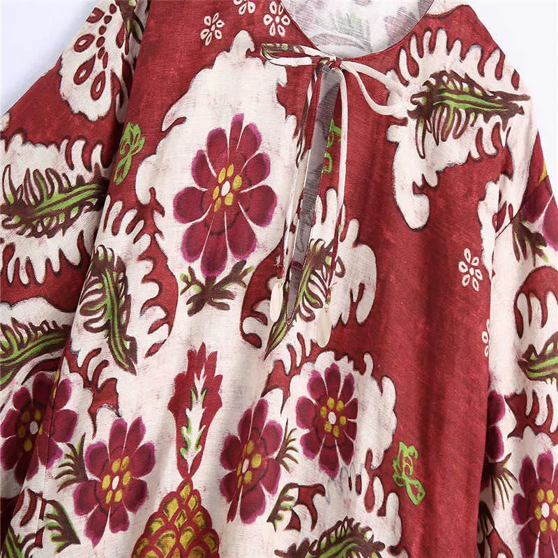 Za Vintage Linne Tryck Sommarkluk Kvinnor Asymmetrisk Loose Beach Dress Feminin Side Fickor Bundet O Neck Red Midi Dresses 210602