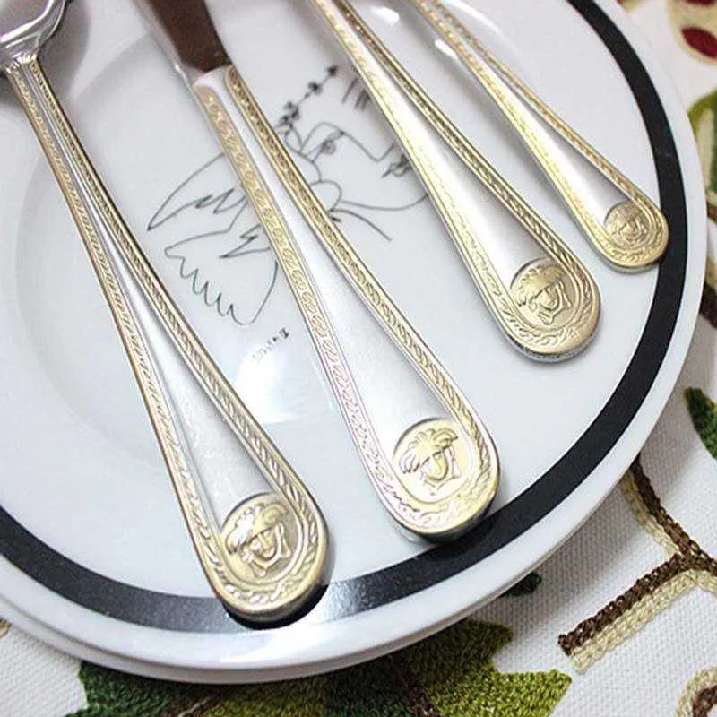 4 pièces ensemble Vintage Western plaqué or vaisselle fourchette à dîner LNIFE ensemble de couverts dorés en acier inoxydable gravure vaisselle X070245W
